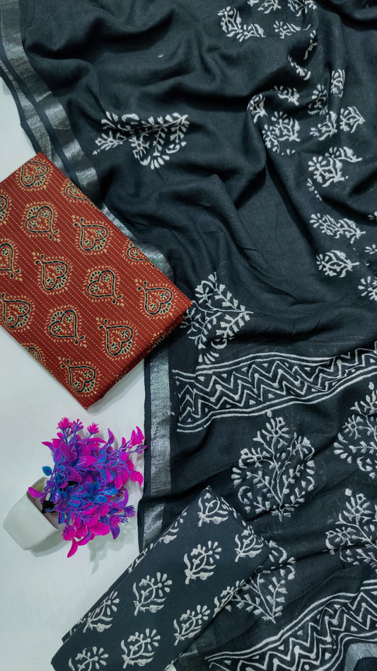Hand Block Printed Cotton Katha Suit With Linen Cotton Dupatta