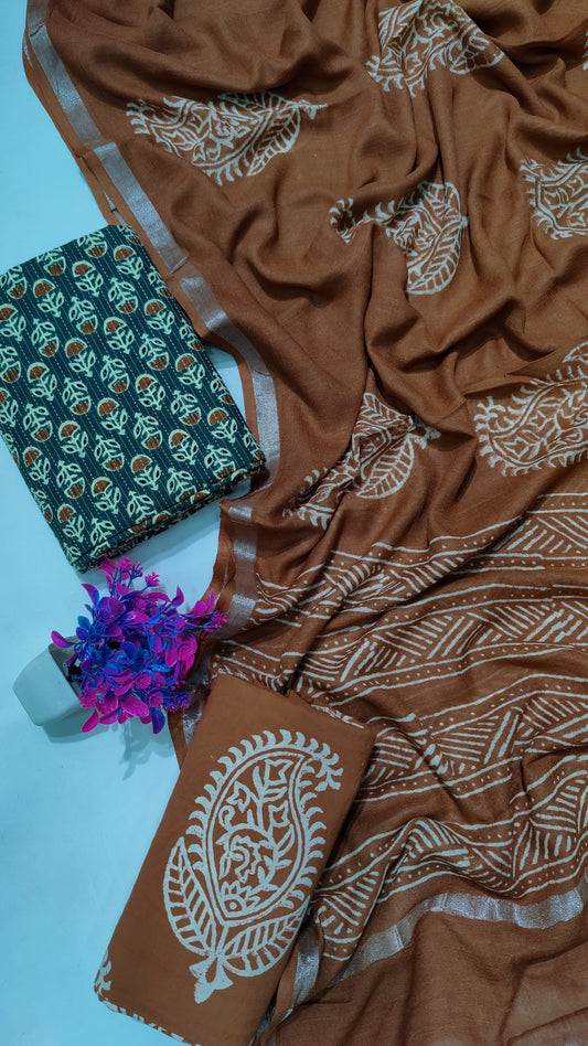 Hand Block Printed Cotton Katha Suit With Linen Cotton Dupatta