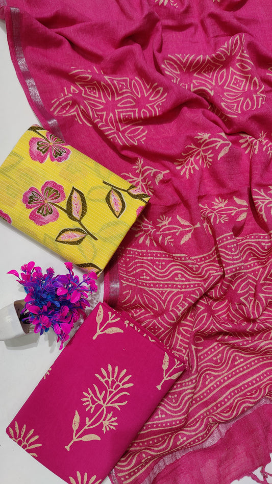 Hand Block Printed Cotton Katha Suit With Linen Cotton Dupatta