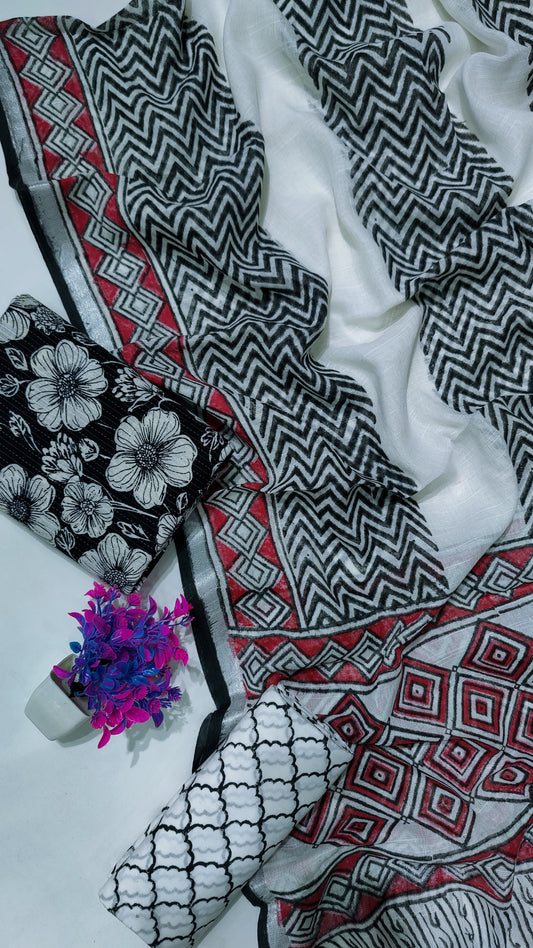 Hand Block Printed Cotton Katha Suit With Linen Cotton Dupatta