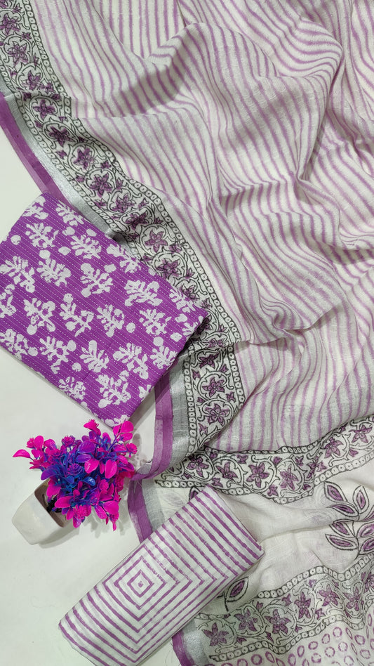 Hand Block Printed Cotton Katha Suit With Linen Cotton Dupatta