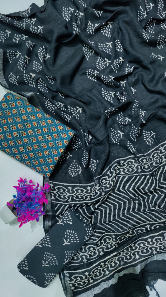 Hand Block Printed Cotton Katha Suit With Linen Cotton Dupatta