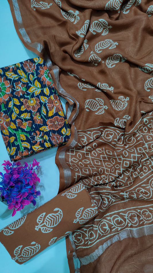 Hand Block Printed Cotton Katha Suit With Linen Cotton Dupatta
