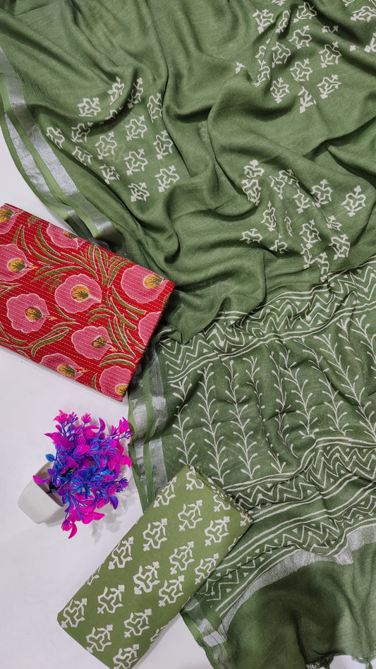 Hand Block Printed Cotton Katha Suit With Linen Cotton Dupatta