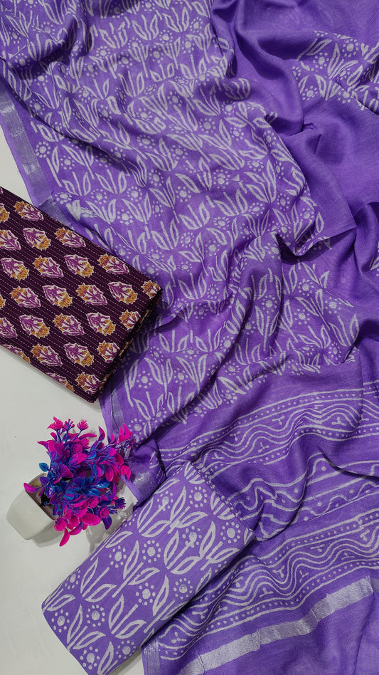 Hand Block Printed Cotton Katha Suit With Linen Cotton Dupatta