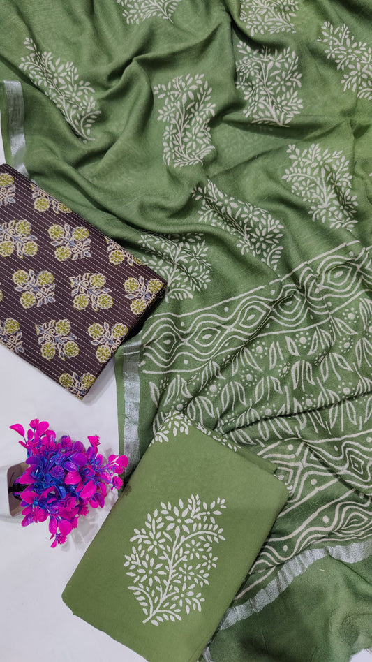 Hand Block Printed Cotton Katha Suit With Linen Cotton Dupatta