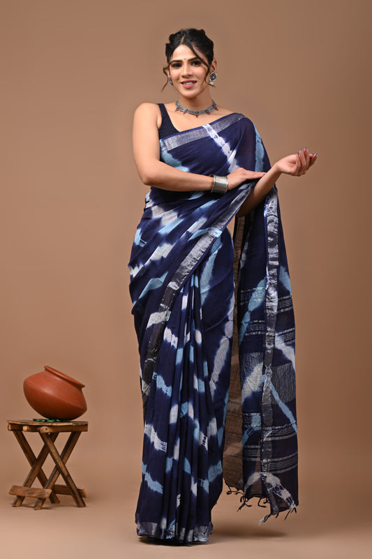 Hand block printed cotton linen saree
