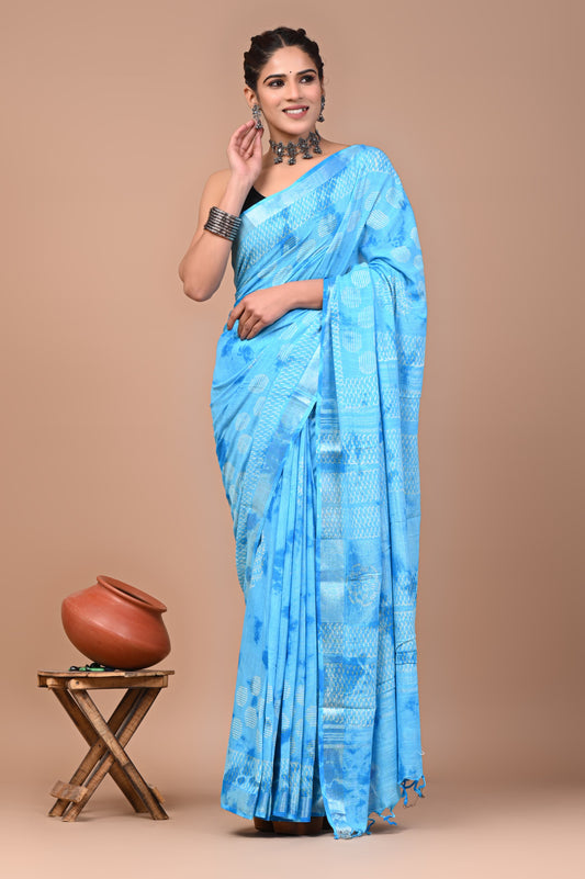Hand block printed cotton linen saree