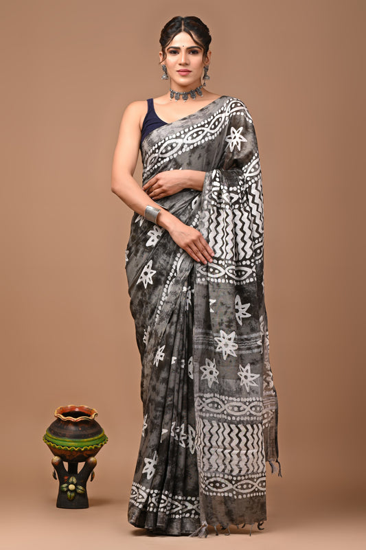 Hand block printed cotton linen saree