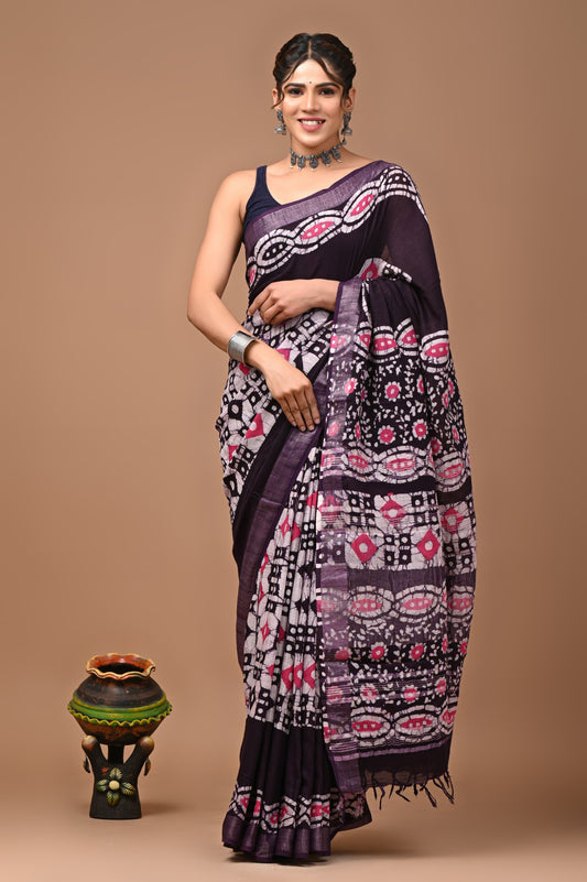Hand block printed cotton linen saree