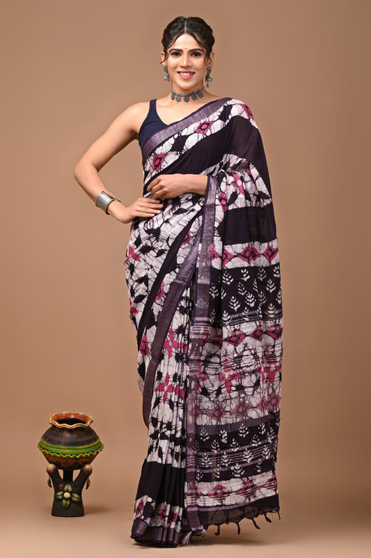 Hand block printed cotton linen saree