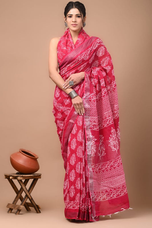 Hand block printed cotton linen saree