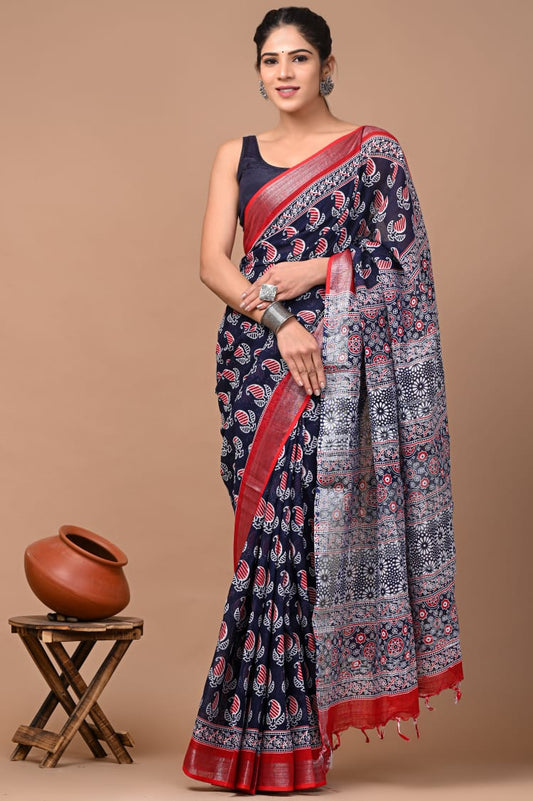 Hand block printed cotton linen saree