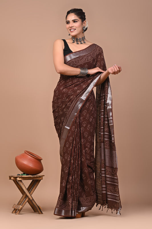 Hand block printed cotton linen saree