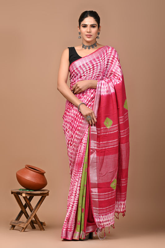 Hand block printed cotton linen saree