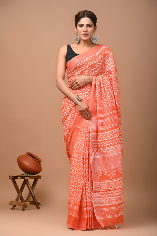 Hand block printed cotton linen saree