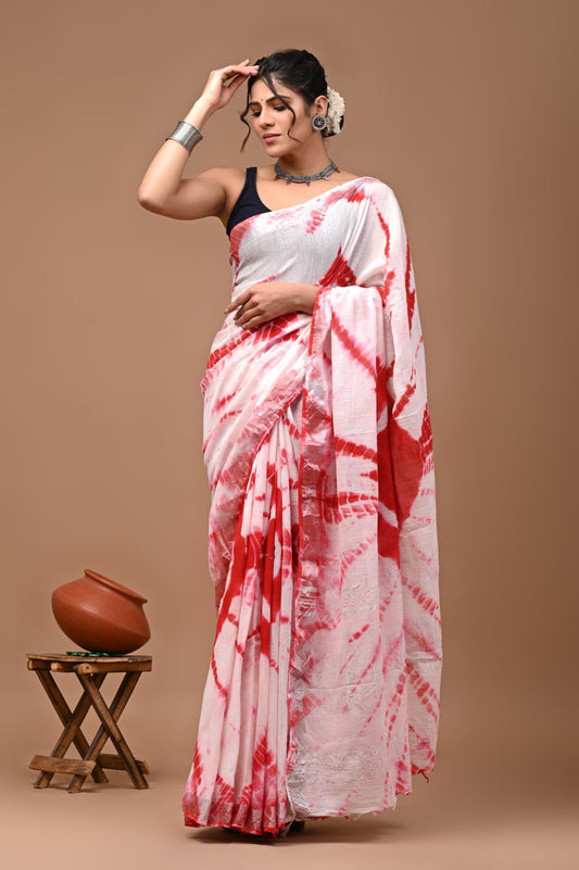 Hand block printed cotton linen saree
