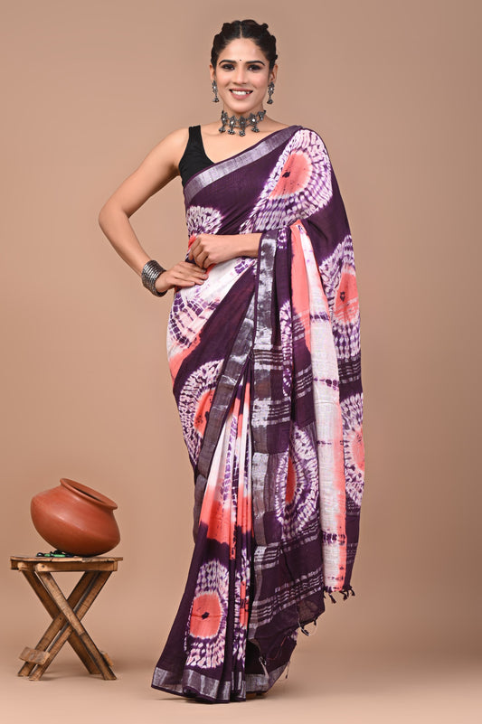 Hand block printed cotton linen saree