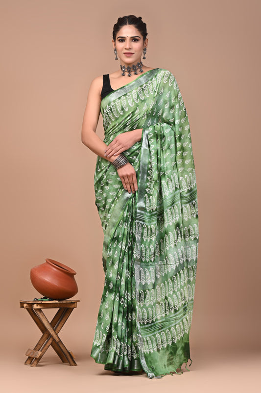 Hand block printed cotton linen saree