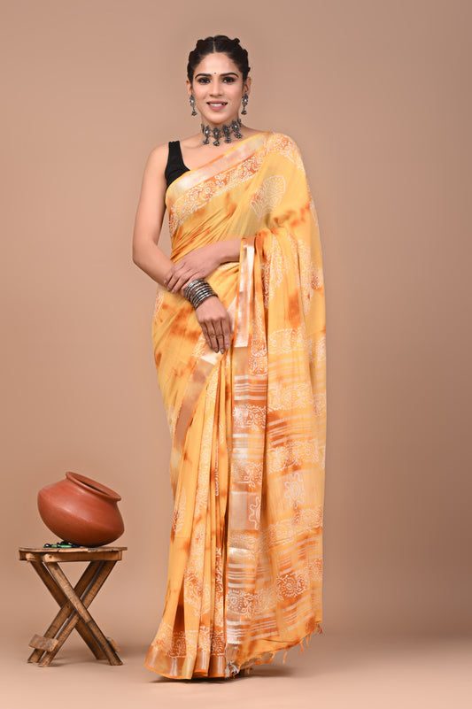 Hand block printed cotton linen saree