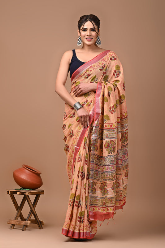 Hand block printed cotton linen saree