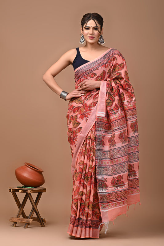 Hand block printed cotton linen saree