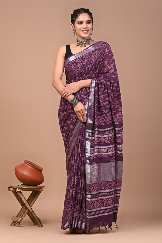 Hand block printed cotton linen saree