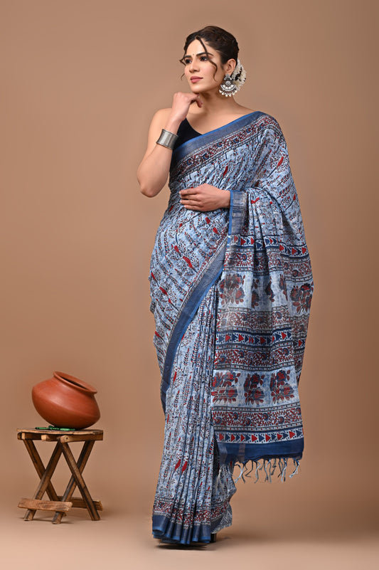 Hand block printed cotton linen saree