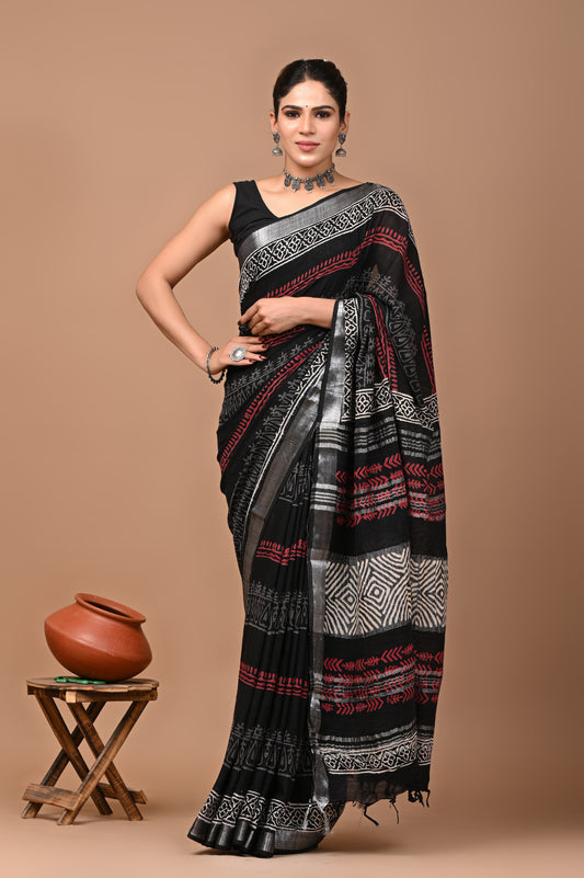 Hand block printed cotton linen saree