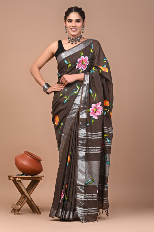 Hand block printed cotton linen saree