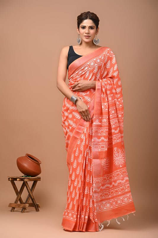 Hand block printed cotton linen saree