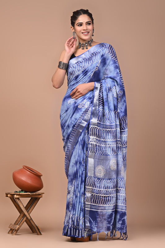 Hand block printed cotton linen saree