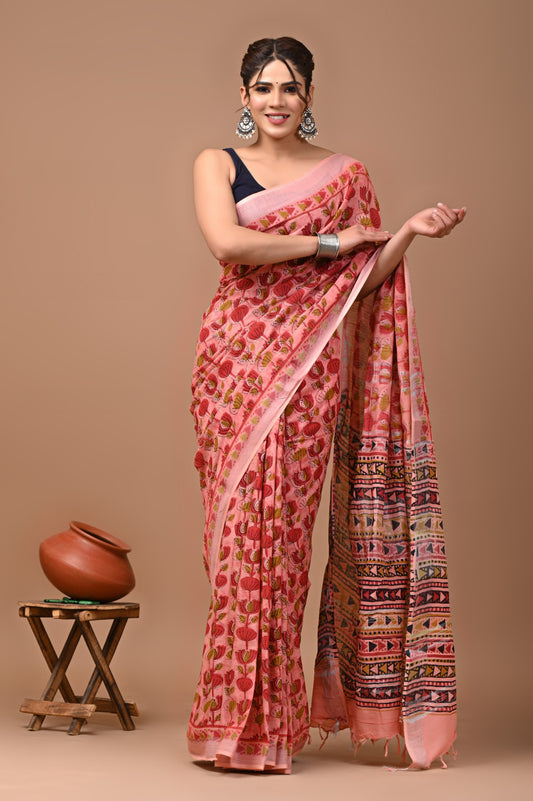 Hand block printed cotton linen saree
