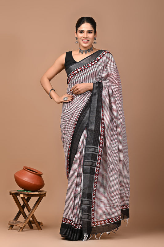 Hand block printed cotton linen saree