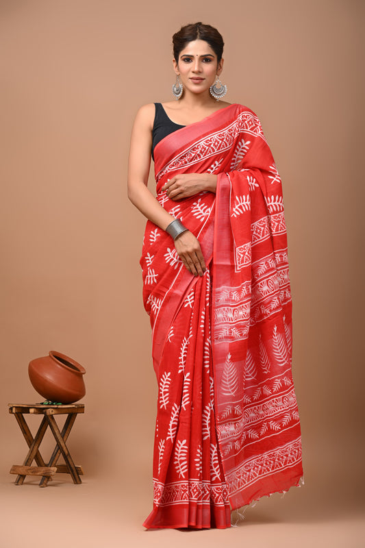 Hand block printed cotton linen saree