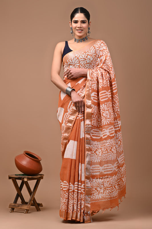Hand block printed cotton linen saree