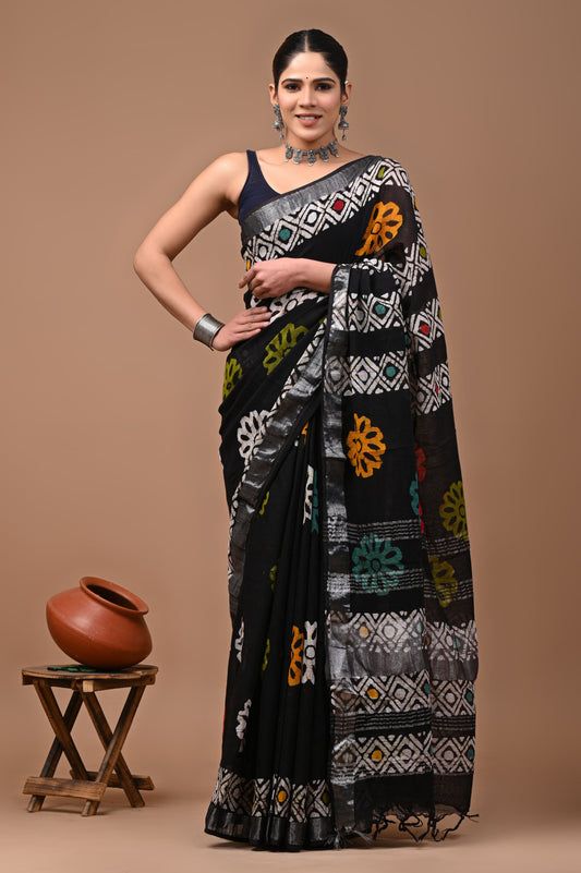 Hand block printed cotton linen saree