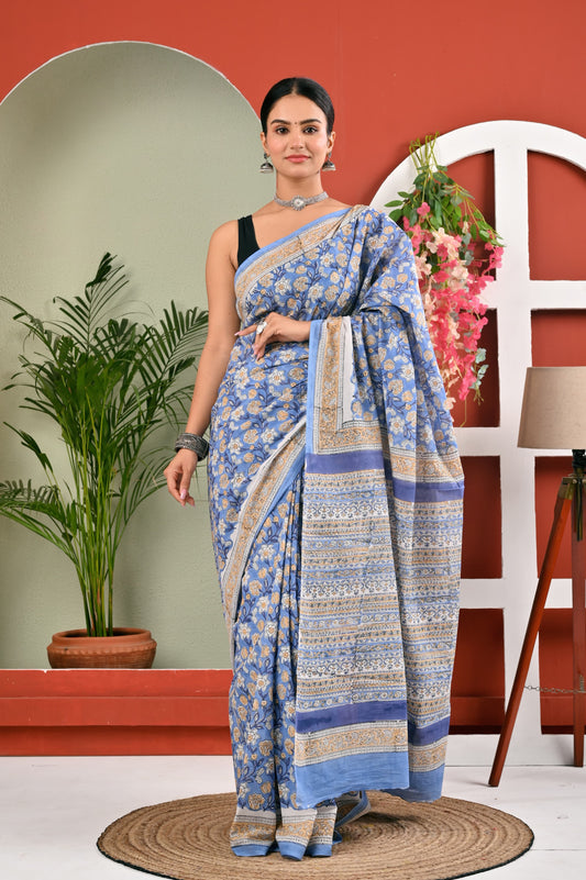 Hand Printed Cotton MulMul Saree