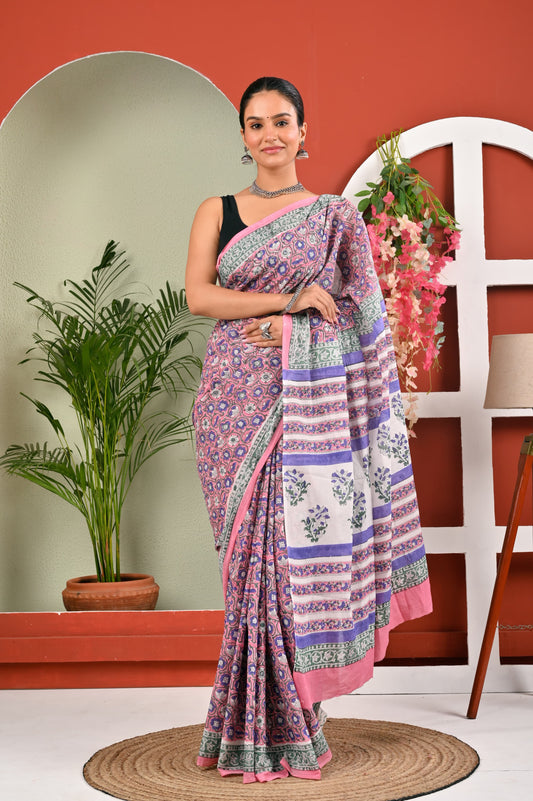 Hand Printed Cotton MulMul Saree