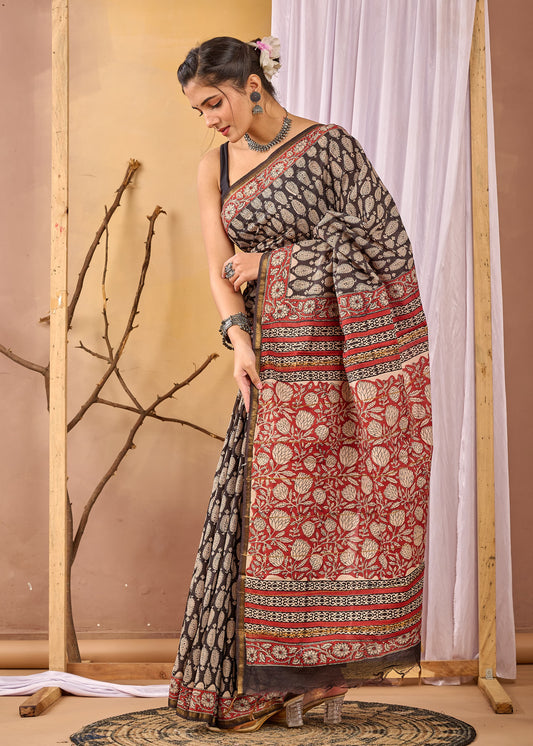 Hand Block Printed Chanderi silk Saree