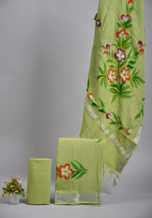 Bagru Hand Block Printed Linen Suits With Zari Border