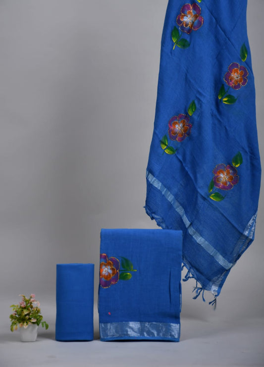 Bagru Hand Block Printed Linen Suits With Zari Border