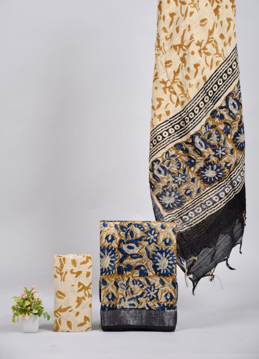 Bagru Hand Block Printed Linen Suits With Zari Border
