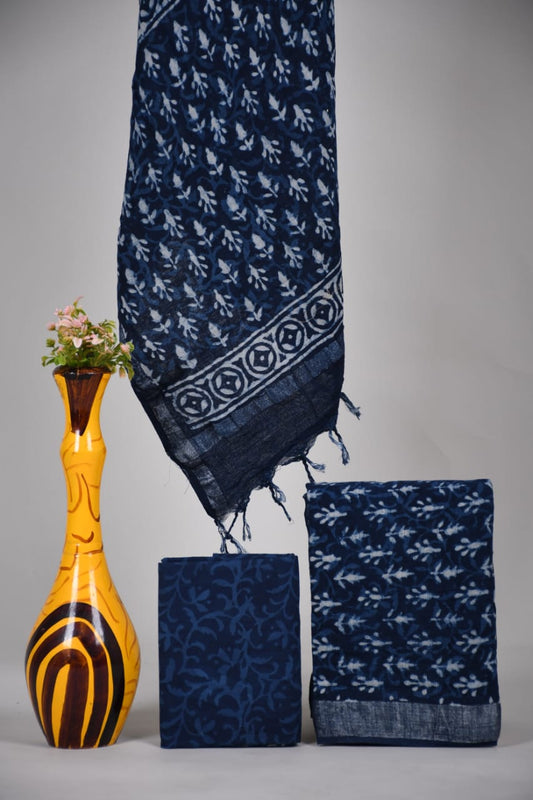 Bagru Hand Block Printed Linen Suits With Zari Border