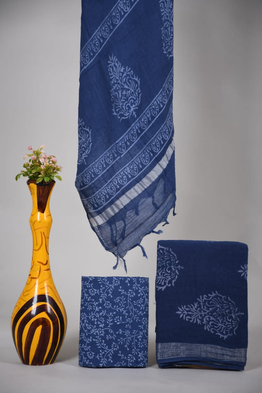 Bagru Hand Block Printed Linen Suits With Zari Border