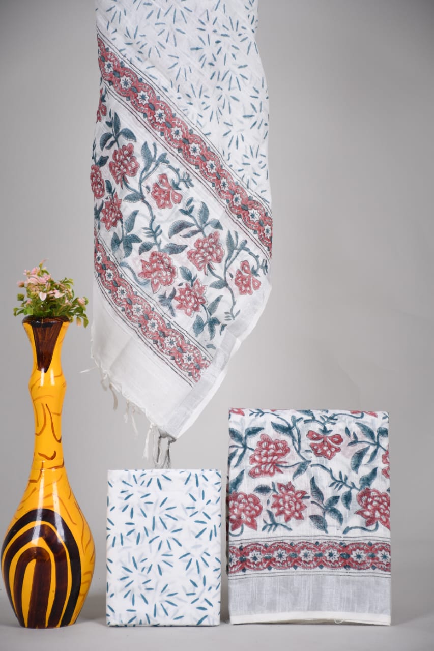 Bagru Hand Block Printed Linen Suits With Zari Border