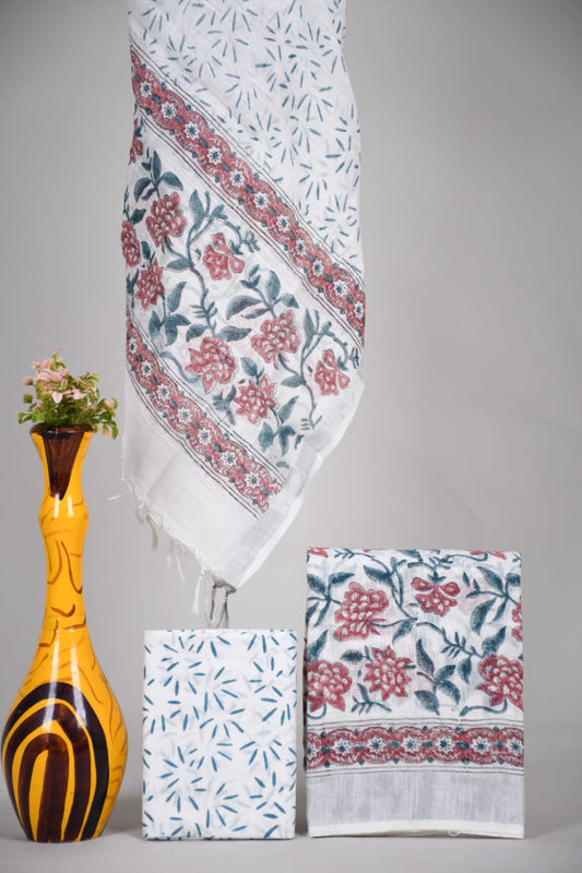 Bagru Hand Block Printed Linen Suits With Zari Border