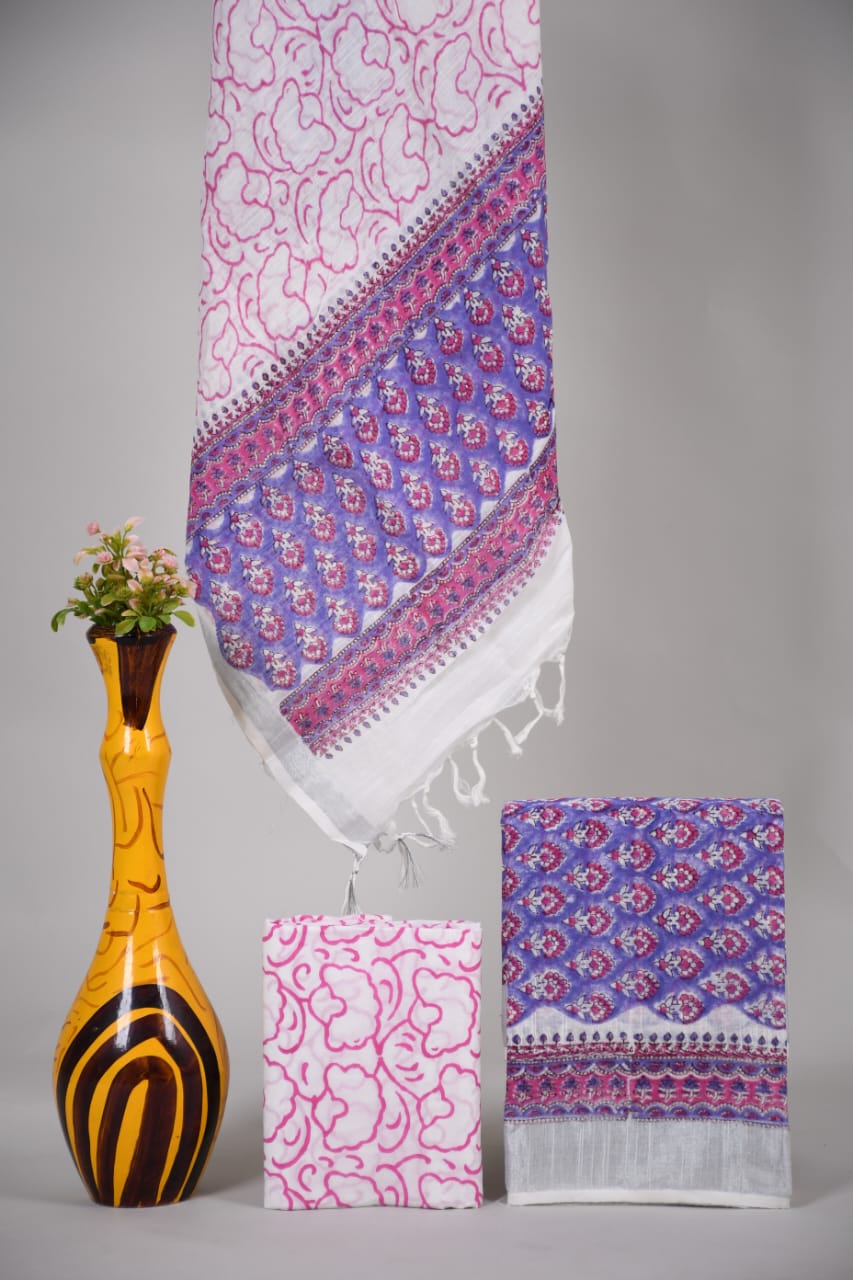Bagru Hand Block Printed Linen Suits With Zari Border