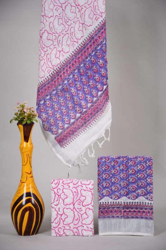 Bagru Hand Block Printed Linen Suits With Zari Border