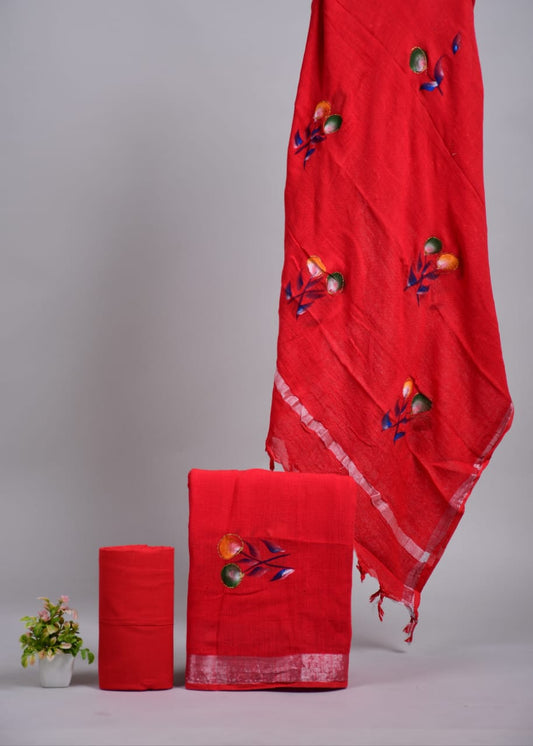 Bagru Hand Block Printed Linen Suits With Zari Border